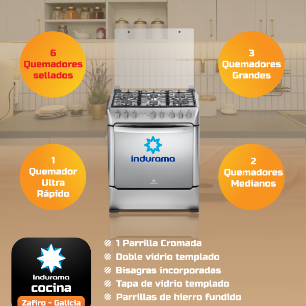Cocina Indurama Galicia 6 hornillas croma luz encendido electrico en el horno grill temporizador
