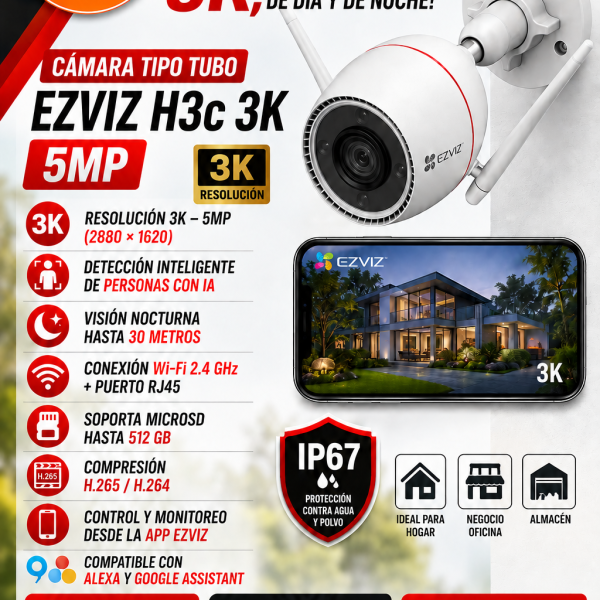 CAMARA TIPO TUBO EZVIZ H3C 3K  5MP ,WIFI VIGILANCIA EXTERIOR IP67 NOCHE