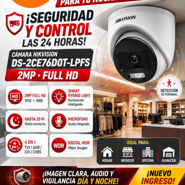 CAMARA TIPO DOMO HIKVISION DS-2CE76D0T-LPFS 2MP, 1080p  c/Audio Luz Smart Hybrid
