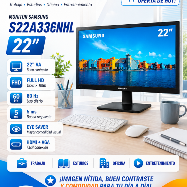 MONITOR SAMSUNG S22A336NHL 22", LED, VA 60Hz, FHD, HDMI, VGA