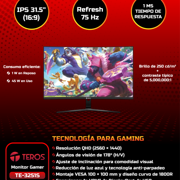 MONITOR TEROS TE-3251S, 31.5" 2K QHD VA, 75 Hz, 1ms, HDMI, DP, USB.