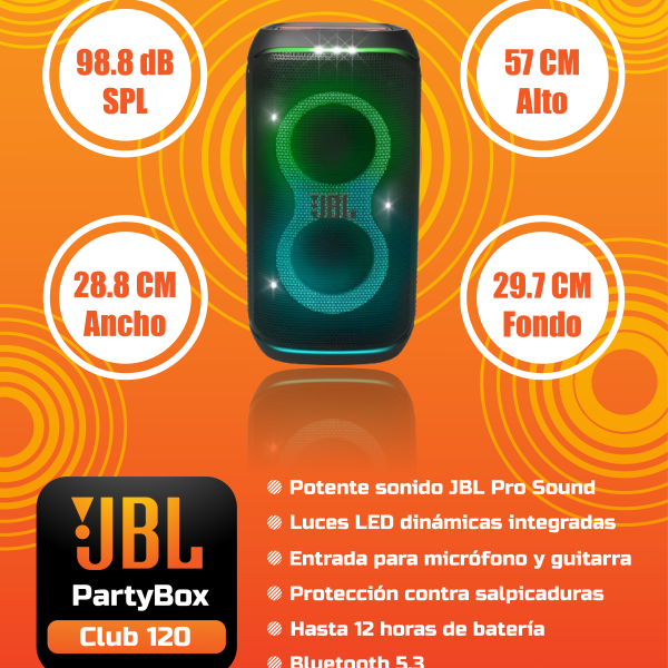 EQUIPO DE SONIDO JBL PARTYBOX CLUB 120 BLUETOOTH, POTENCIA 160W, RESISTENTE AL AGUA IPX4, BATERIA DE HASTA 12 HORAS, CON LUCES, NEGRO.