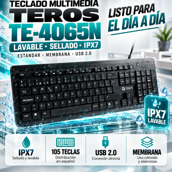 TECLADO TEROS TE-4065N, IPX7, USB, NEGRO