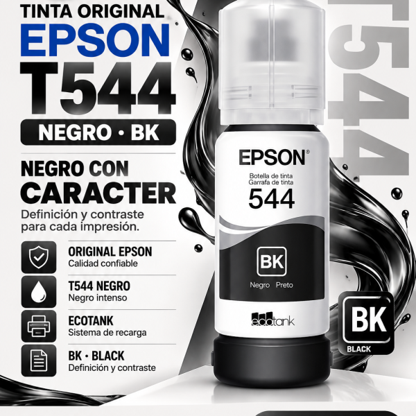 TINTA EPSON T544, COLOR NEGRO, CONTENIDO 65ml.