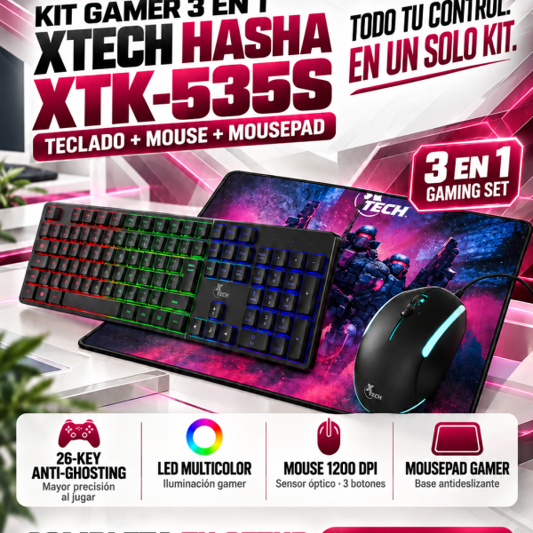 TECLADO XTECH XTK-535S, MOUSE, MOUSE PAD, COLOR NEGRO