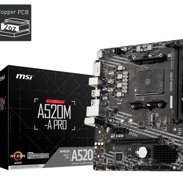 MOTHERBOARD MSI A520M-A PRO / CHIPSET AMD A520 / SOCKET AMD AM4 / mATX