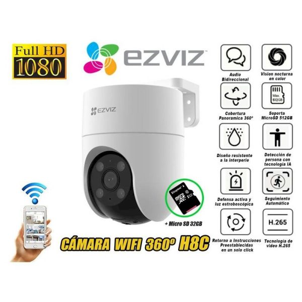 CAMARA EZVIZ PTZ EXTERIOR CS-H8C 1080P 2MP WIFI 2.4GHZ LENTE 4MM 360 GRADOS