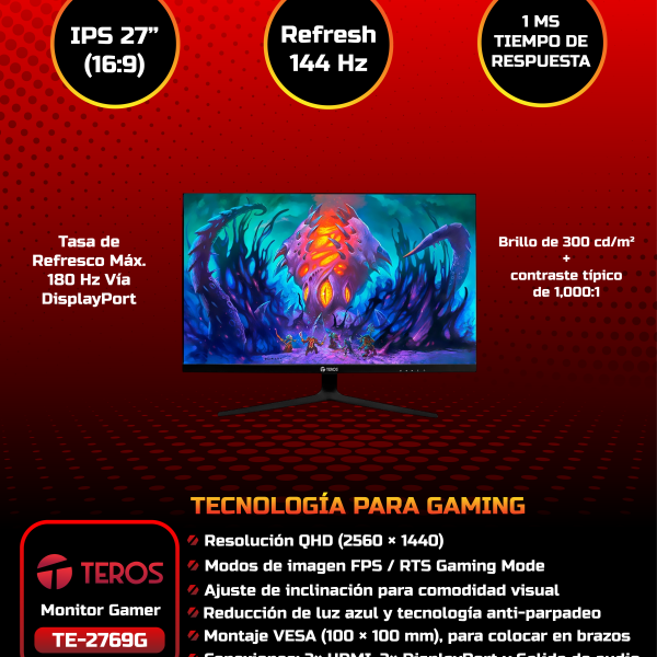 MONITOR GAMER TEROS TE-2769G 27 QHD IPS 180HZ 1MS FREESYNC