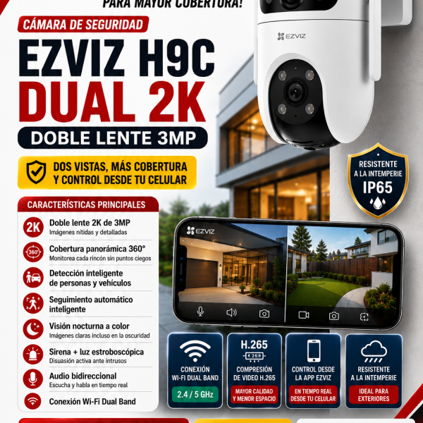 CAMARA EZVIZ H9C 2K  DOBLE 3MP ,R100-6MP,WIFI 2.4GHZ  360° GRADOS