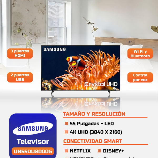 TELEVISOR SAMSUNG 55" UHD 4K, TIZEN OS SMART TV, UN55DU8000G