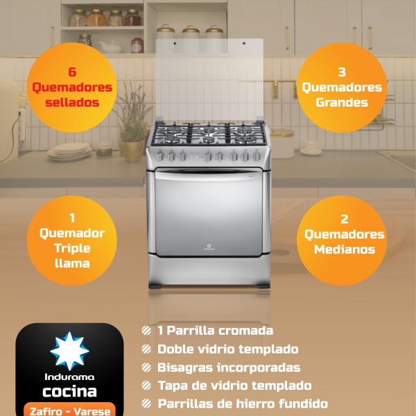 COCINA INDURAMA VARESE ZAFIRO, 6 HORNILLAS CROMA
