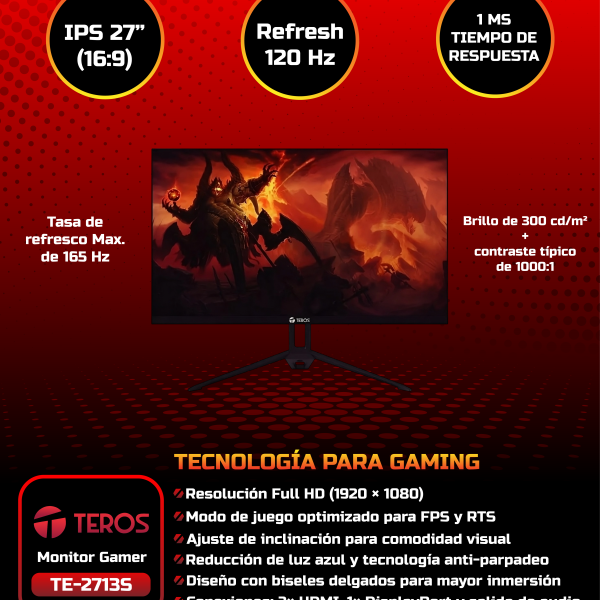 MONITOR TEROS TE-2713S PLANO, 27" FHD IPS, HDMI, DP, TASA DE REFRESCO 120Hz