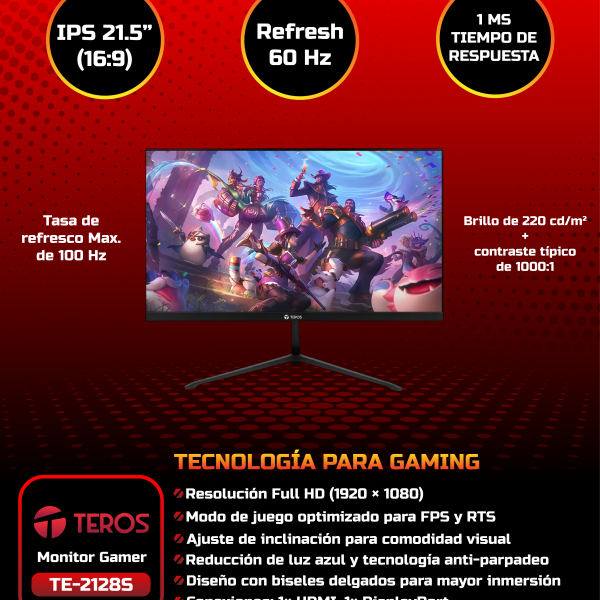 MONITOR TEROS TE-2128S, 21.5" IPS, 100Hz FHD, HDMI, VGA, VESA, FREESYNC