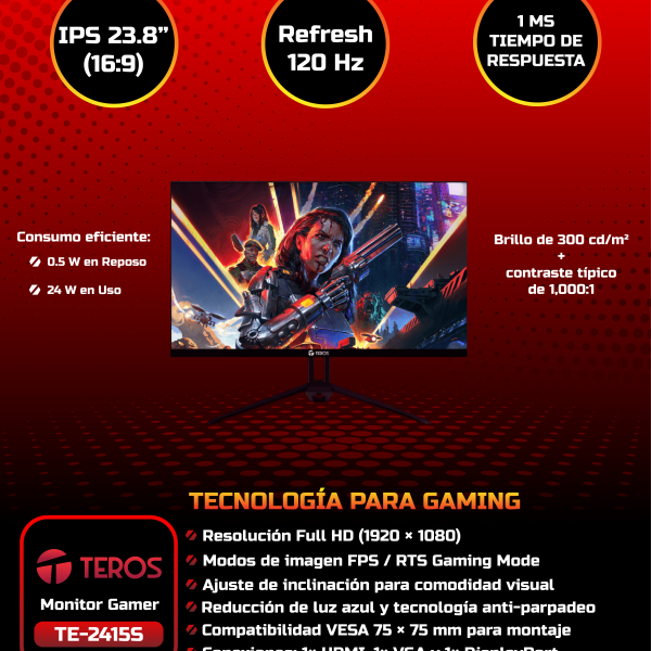 MONITOR TEROS TE-2415S PLANO, 23.8" FHD IPS, 120Hz, HDMI, DP