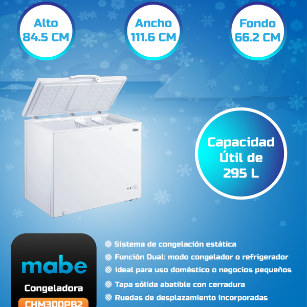 CONGELADORA MABE CHM300PB2 HORIZONTAL 290L, COLOR BLANCO