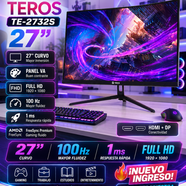 MONITOR CURVO TEROS TE-2732S, 27" FHD VA, 100 Hz, HDMI, DP, VESA, FREESYNC