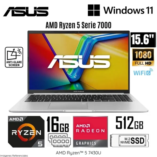 LAPTOP ASUS VIVOBOOK M1502YA-NJ544 15.6" FHD, AMD RYZEN 5 7430U, 16 GB RAM, 512 GB SSD M.2