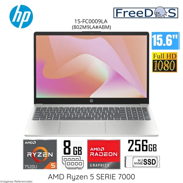 LAPTOP HP 15-FC0009LA RYZEN 5 7520U, 15.6" FHD 8GB RAM, 256GB SSD M.2
