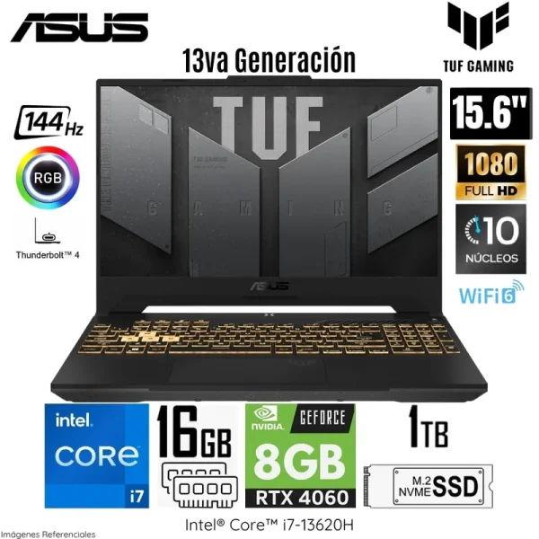 LAPTOP GAMING ASUS TUF FX507VV-LP142, 15.6" FHD IPS, CORE i7-13620H 4.90GHz 16GB DDR5-4800MT/s, 1TB SSD M.2, GEFORCE RTX 4060 8GB