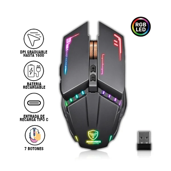 MOUSE GAMER MICRONICS RANGER MIX M822RX, INALAMBRICO, LUCES RGB, 7 BOTONES, COLOR NEGRO