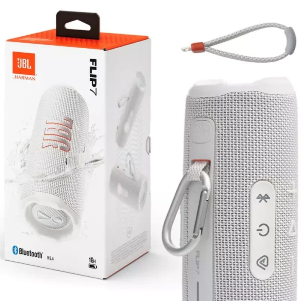 PARLANTE JBL FLIP 7 AURACAST, BLUETOOTH, POTENCIA 37W, IA SOUND BOOST, CERTIFICACION IP67, HASTA 16 HORAS DE REPRODUCCION, COLOR BLANCO