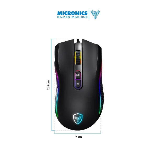 MOUSE GAMER MICRONICS KRIPTON MIC GM800, CONEXION USB, LUCES RGB, 7 BOTONES, 6 NIVELES DE DPI HASTA 12800, COLOR NEGRO.