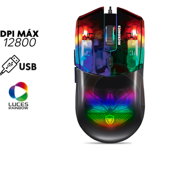 MOUSE GAMER MICRONICS SPECTRE MIC GM812 USB, 7 BOTONES, LUCES RGB, 12800 DPI, COLOR NEGRO