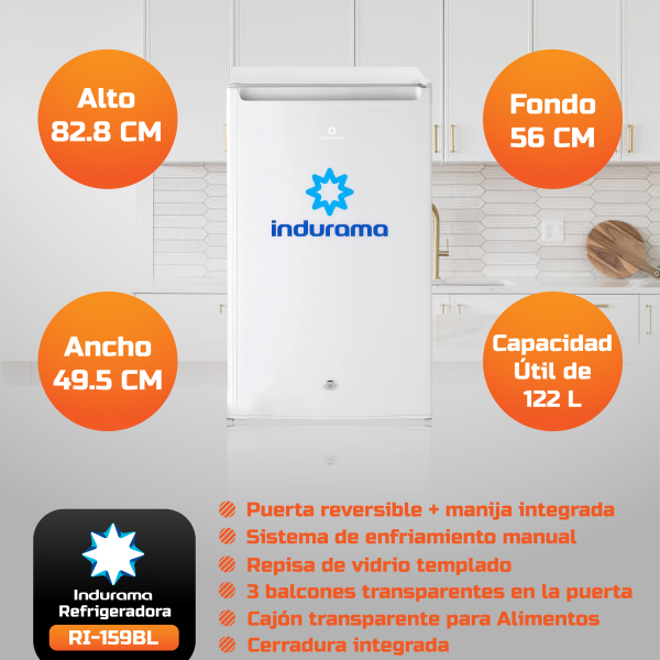 FRIGOBAR INDURAMA RI-159BL, 122 LITROS, COLOR BLANCO