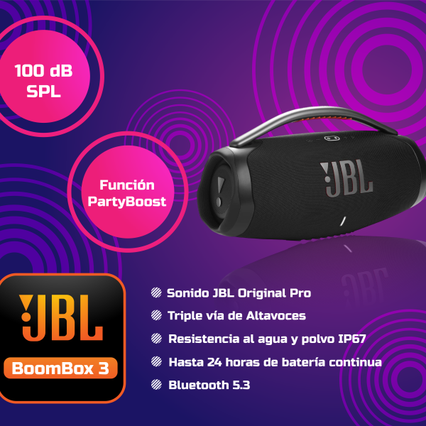 PARLANTE JBL BOOMBOX 3 BLUETOOTH, POTENCIA 180W, CERTIFICACION IP67, HASTA 24 HORAS DE REPRODUCCION, COLOR NEGRO