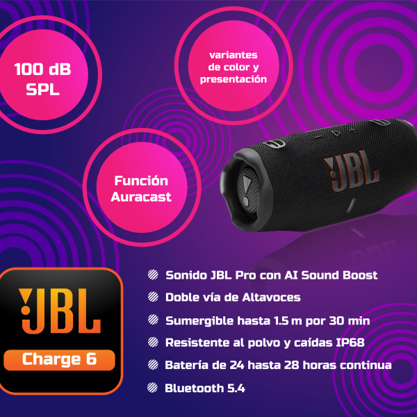 PARLANTE JBL CHARGE 6 AURACAST, BLUETOOTH, POTENCIA 40W, IA SOUND BOOST, CERTIFICACION IP68, HASTA 28 HORAS DE REPRODUCCION, PUERTO DE CARGA USB-C, COLOR NEGRO