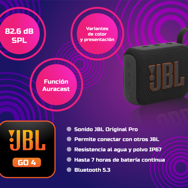 PARLANTE JBL GO 4 BLUETOOTH, POTENCIA 4.2W, CERTIFICACION IP67, HASTA 7 HORAS DE REPRODUCCION, USB-C, COLOR NEGRO