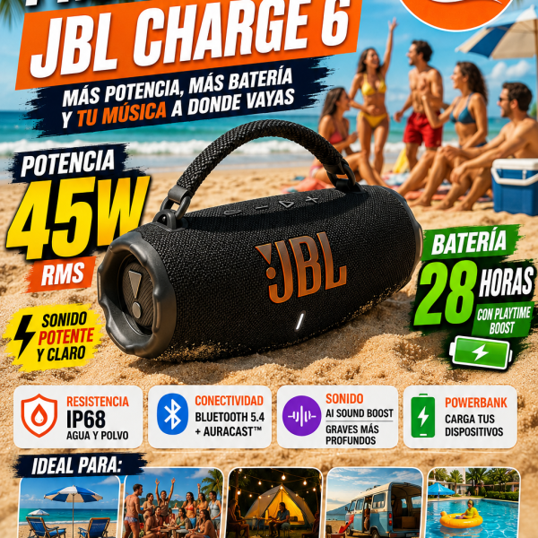 PARLANTE JBL CHARGE 6 AURACAST, CERTIFICACION IP68, HASTA 28 HORAS DE REPRODUCCION, PUERTO DE CARGA USB-C