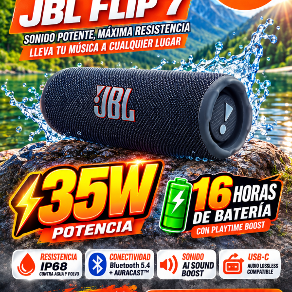 PARLANTE JBL FLIP 7 AURACAST, BLUETOOTH, POTENCIA 37W, IA SOUND BOOST, CERTIFICACION IP67, HASTA 16 HORAS DE REPRODUCCION, COLOR BLANCO