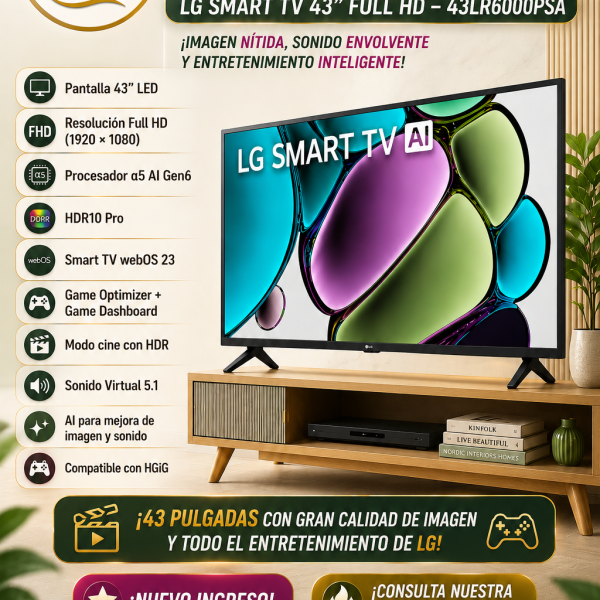 TELEVISOR LG 43" 43LR6000PSA ,SMART TV 2024,FHD , THINQ AI WEBOS