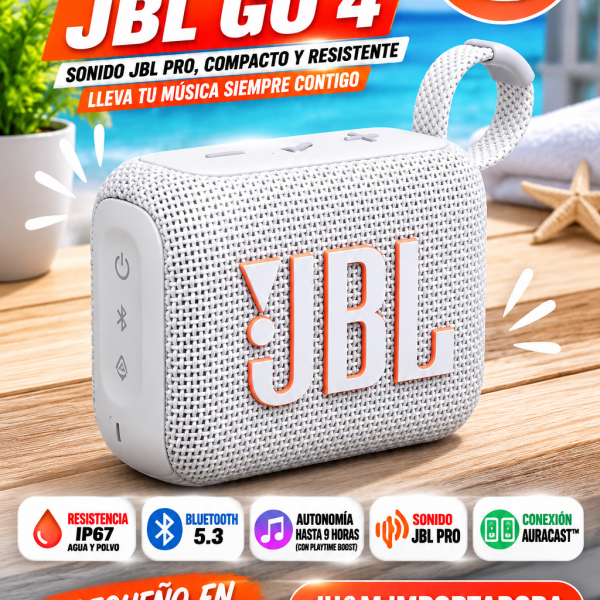 PARLANTE JBL GO 4 BLUETOOTH, POTENCIA 4.2W, CERTIFICACION IP67, HASTA 7 HORAS DE REPRODUCCION, USB-C, COLOR BLANCO Y AZUL