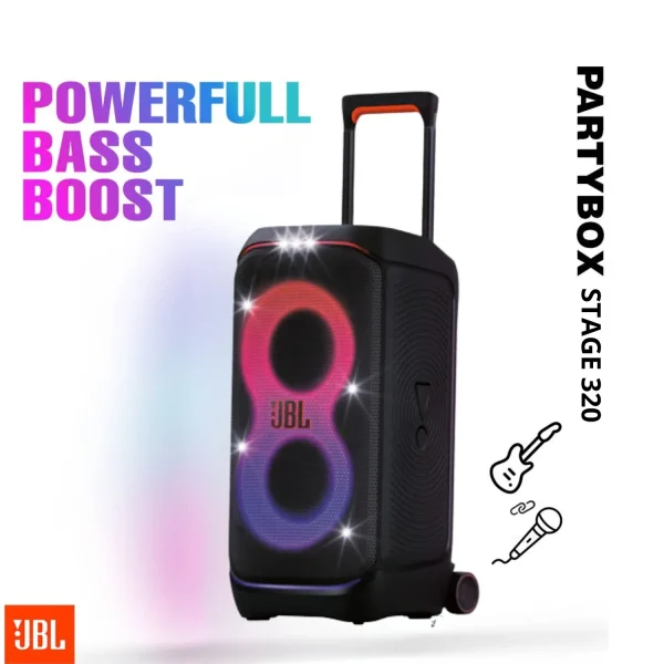 PARLANTE JBL PARTYBOX STAGE 320 BLUETOOTH, POTENCIA DE AUDIO 240W, CERTIFICACION IPX4, HASTA 18 HORAS DE REPRODUCCION, RGB, COLOR NEGRO