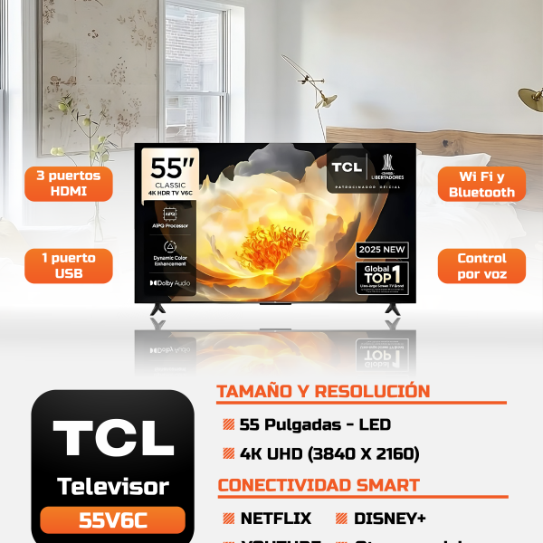 TCL GOOGLE TV 4K HDR 55", HDMI, WIFI, BLUETOOTH, 55V6C