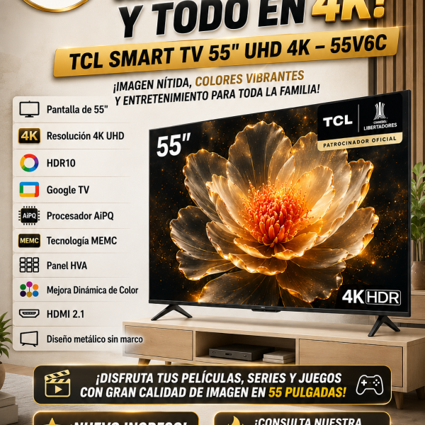 TELEVISOR TCL 55 "55V6C, HDMI, WIFI, BLUETOOTH,  GOOGLE TV ,4K HDR