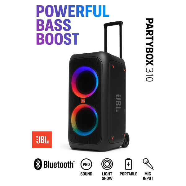 PARLANTE JBL PARTY BOX 310 BLUETOOTH, POTENCIA DE AUDIO 240W, HASTA 18 HORAS DE REPRODUCCION, NEGRO