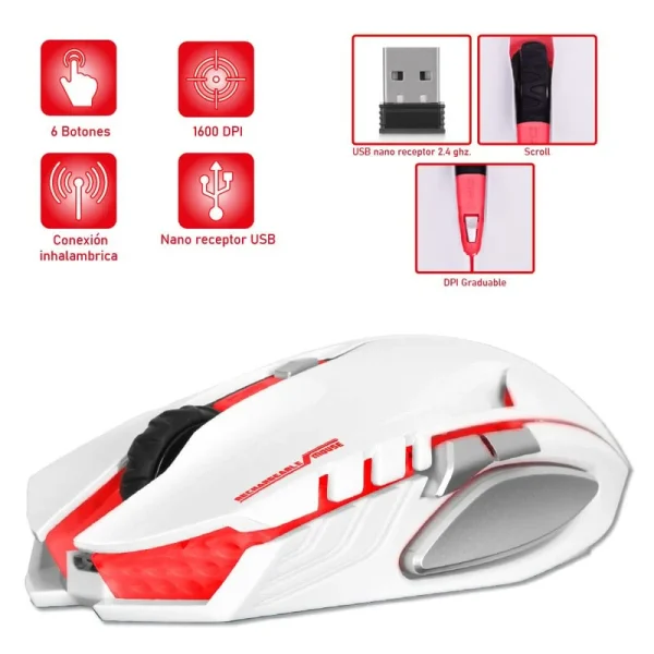 MOUSE GAMER MICRONICS ALIEN MIC-834WL, BLUETOOTH, RECARGABLE, ILUMINACION, COLOR BLANCO