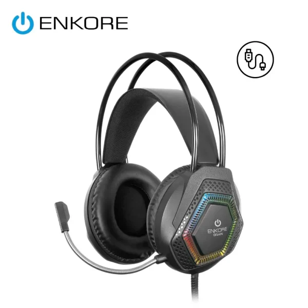AURICULAR GAMER ENKORE BRAIN 5.1 EKHG 1009U, USB, RAIBOW, CON MICROFONO, COLOR NEGRO