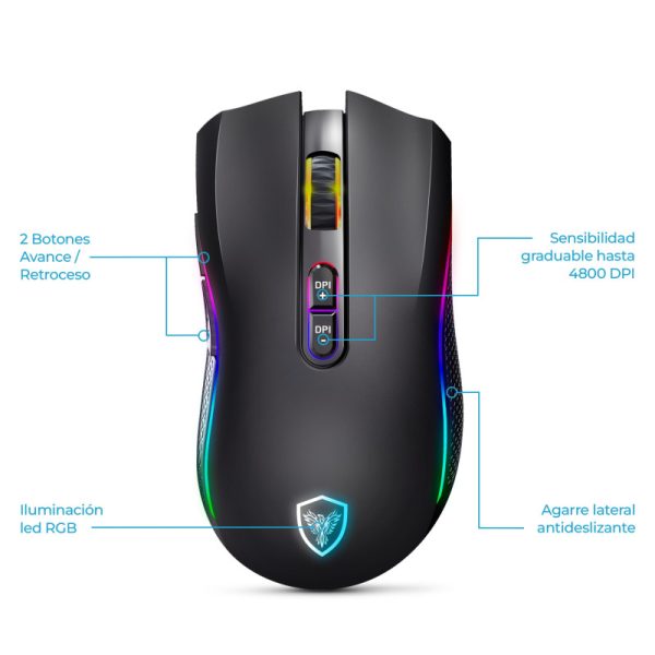 MOUSE GAMER MICRONICS KRIPTON MIC GM801-3M, CARGA USB-C, BLUETOOTH, ILUMINACION RGB, 7 BOTONES + 1 BOTON, DPI GRADUABLE 4800, COLOR NEGRO