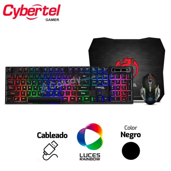 COMBO GAMER CYBERTEL CYB GT1800 3 EN 1, TECLADO RAINBOW + MOUSE LED + PAD MOUSE CYBER