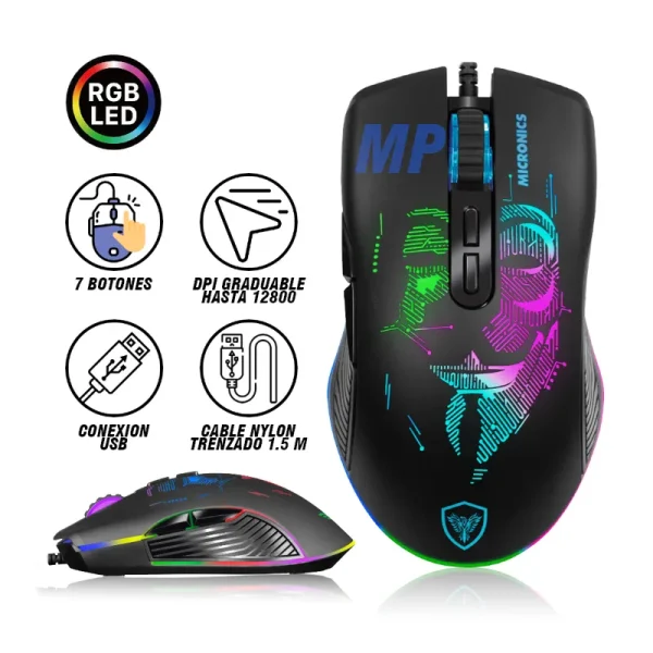 MOUSE GAMER MICRONICS ANONIMUS MIC GM859, CONEXION USB, OPTICO, LUCES RGB, 7 BOTONES, HASTA 12800 DPI, COLOR NEGRO.