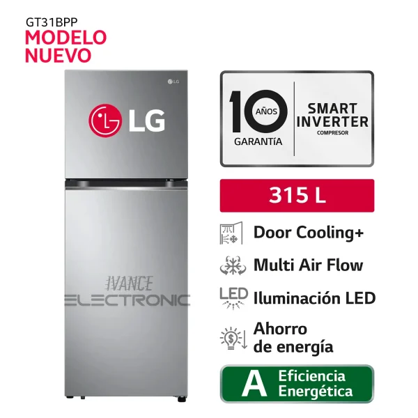 REFRIGERADORA LG GT31BPP, 315 LITROS CON COOLING, TOP FREEZER, COLOR SILVER