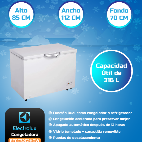 CONGELADORA ELECTROLUX EFCC32C2HQW 316L HORIZONTAL, COLOR BLANCO