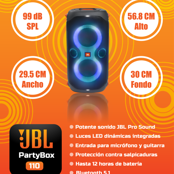 EQUIPO DE SONIDO JBL PARTY BOX 110 IPX4 CON HASTA 12H DE REPRODUCCION