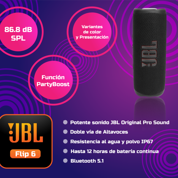 PARLANTE JBL FLIP 6, BLUETOOTH 5.1, POTENCIA 30W,