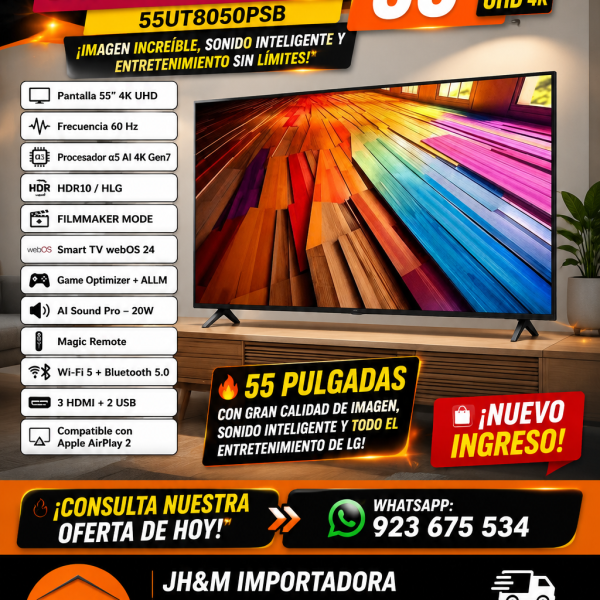TELEVISOR LG 55" 55UT8050PSB  LED 4K UHD SMART TC CON THINQ AI