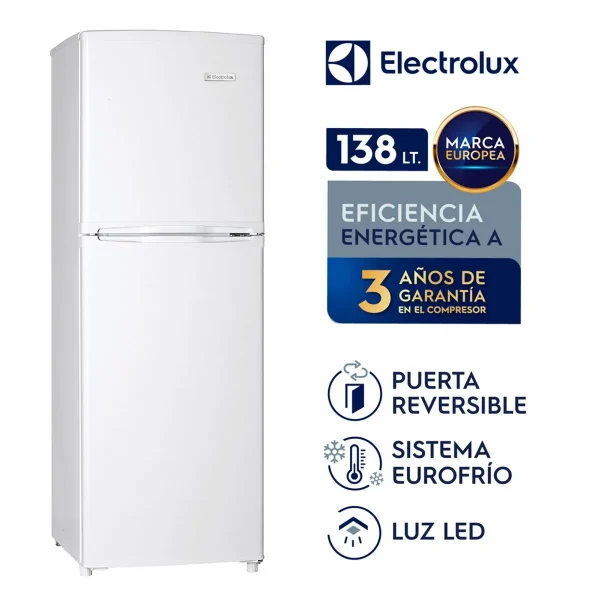 REFRIGERADORA ELECTROLUX ERT18G2HNW 138L LITROS, FROST TOP MOUNT, SISTEMA EUROFRIO, BANDEJAS DE VIDRIO TEMPLADO, COLOR BLANCO